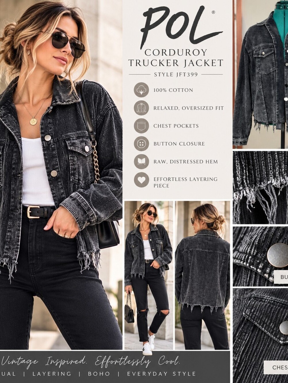 POL JFT399 Black Corduroy Trucker Jacket S Raw Hem Distressed Shacket